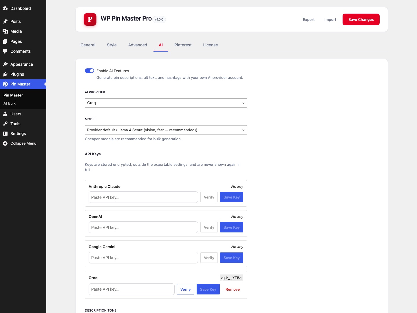 Choosing an AI provider and model in WP Pin Master Pro