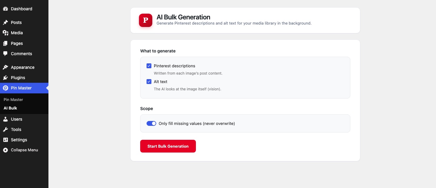Bulk AI generation across the media library