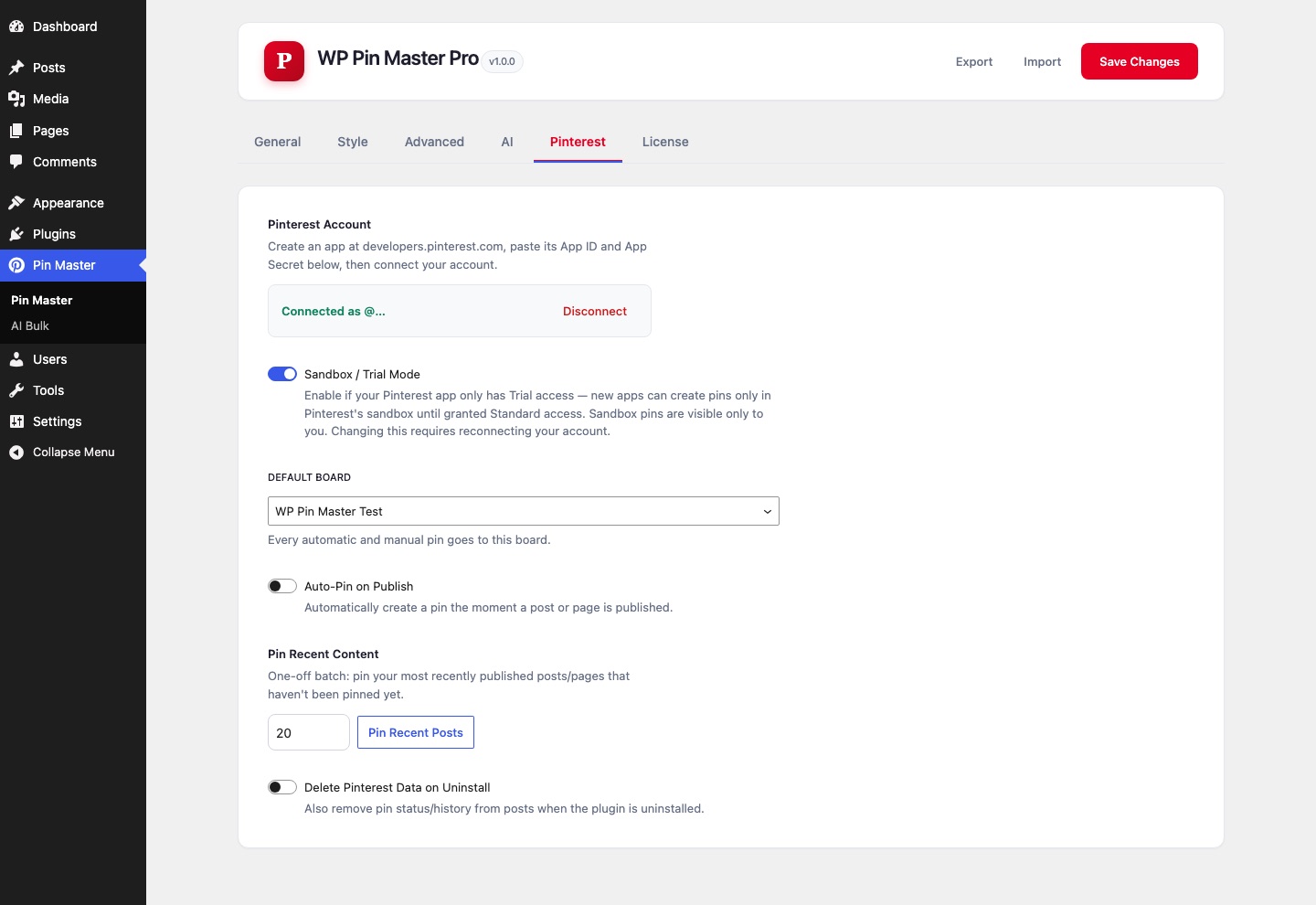 Connecting a Pinterest account and enabling auto-pin on publish