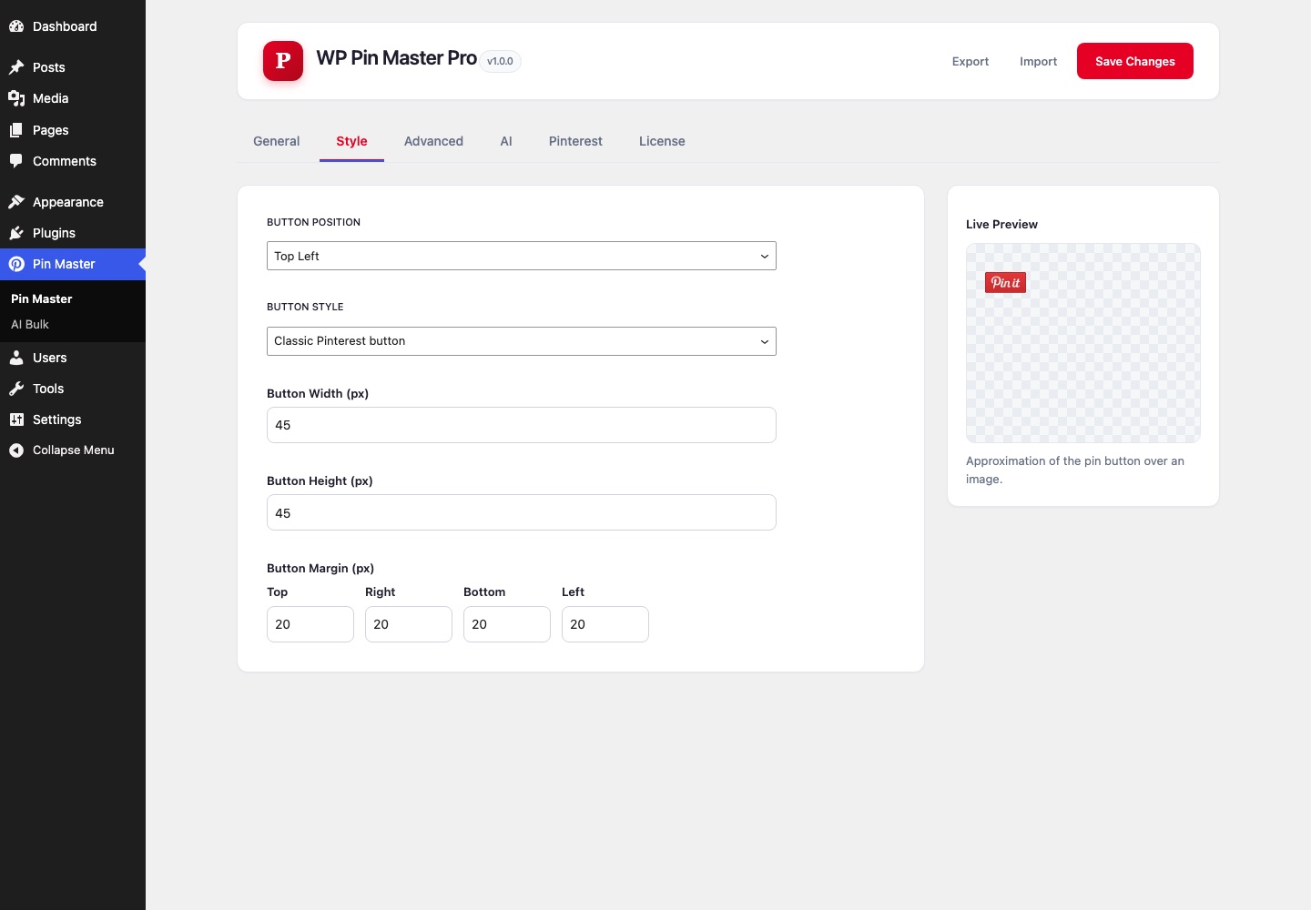 Button style settings with a live preview